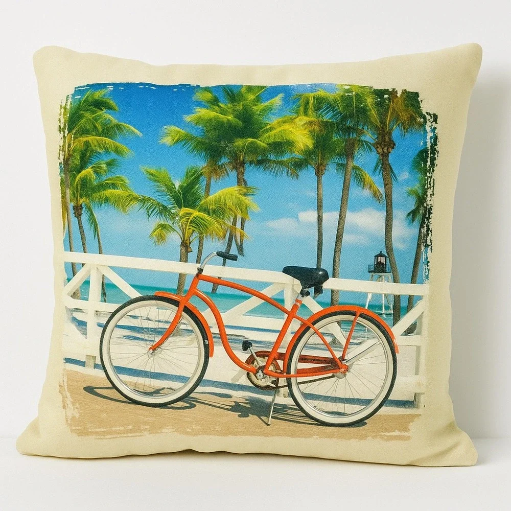 Coastal Beach Throw Pillow Set Surf Bike Palm Trees Woody‎ Wagon Vintage Style